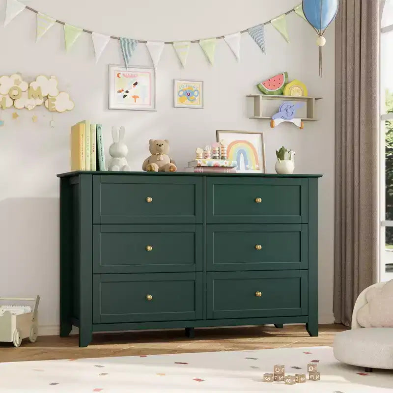 Kommode mit 6 Schubladen für das Schlafzimmer, große Kommode mit tiefen Schubladen & Metallknöpfen, modernes Holzschubladenelement für Eingangsbereich, Flur