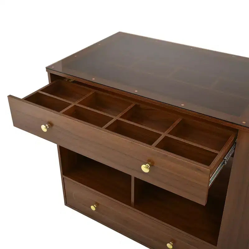 Kleiderschrank-Insel mit 6 Schubladen, Glas-Präsentationsplatte & offenen Regalen