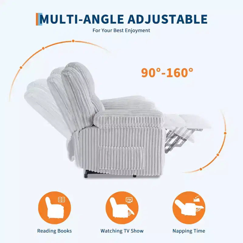 Kordsessel, manueller Relaxsessel mit Hebel, gepolsterte Armlehnen, dicke Polsterung, Seitentasche, Wohnzimmer, Schlafzimmer, Heimkino, Dunkelgrau