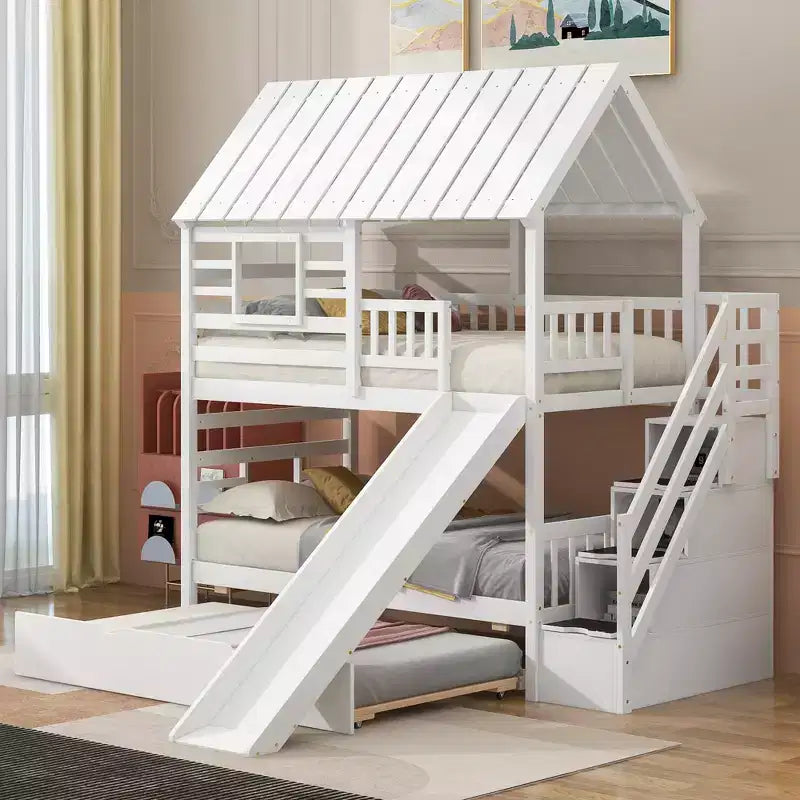 Whisen Etagenbett in Hausform mit zwei Einzelbetten, Ausziehbett, Rutsche, Treppe mit Stauraum sowie Dach- und Fensterdesign