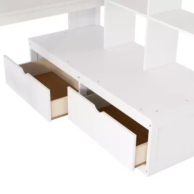 Full-Size-Hochbett mit Treppe und Schreibtisch, Hochbettgestell aus Holz mit Staufächern und Bücherregalen für Erwachsene, Teenager und Kinder