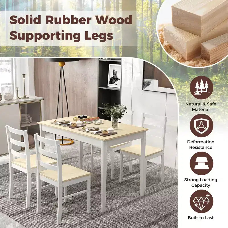 Costway 5-teiliges Esszimmer-Set Massivholz Küchenmöbel mit rechteckigem Tisch & 4 Stühlen Natur/Kaffee/Grau