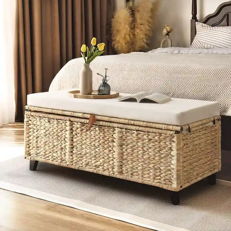 Weiden-Sitzbank mit Kissen für Schlafzimmer, Wohnzimmer, Veranda – 47 cm H x 110 cm B x 47 cm T