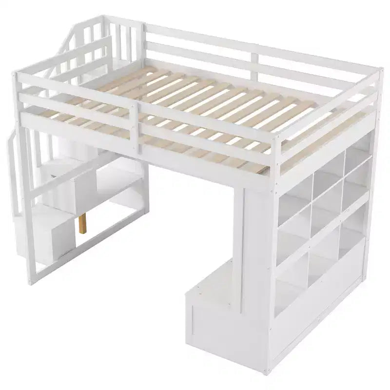 Full-Size-Hochbett mit Treppe und Schreibtisch, Hochbettgestell aus Holz mit Staufächern und Bücherregalen für Erwachsene, Teenager und Kinder