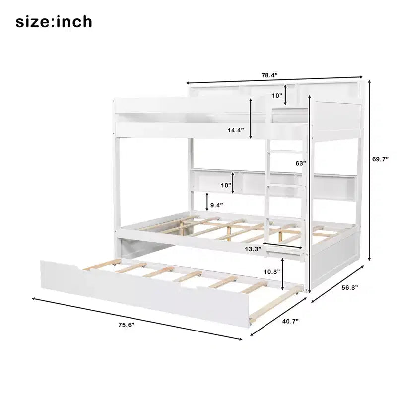 Luxystar modernes Etagenbett mit zwei vollwertigen Liegeflächen, Regalen und Ausziehbett