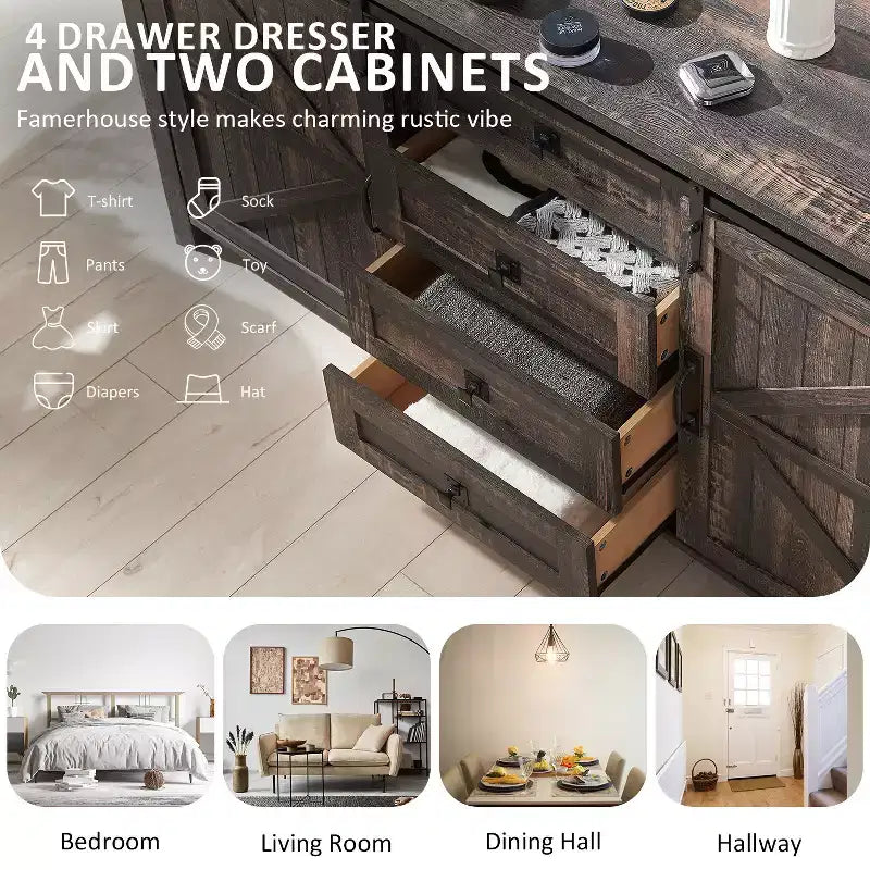 SinCiDo Farmhouse 60-cm-Schminktisch mit verschiebbarer Scheunentür und 4 Schubladen, Schubladenschrank für Wohnzimmer, Schlafzimmer und Kaffeebar