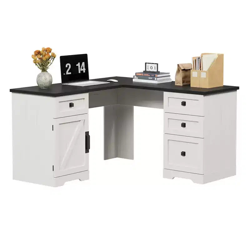 60 Zoll L-förmiger Executive-Schreibtisch im Landhausstil, Eck-Schreibtisch für das Home-Office mit Aktenschublade, Aufbewahrungsschrank & verstellbarem Fachboden