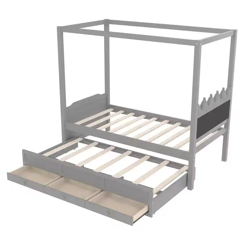 Doppel-/Einzelbett-Plattformbett mit Ausziehbett, Prinzessinnen-Himmelbett aus Holz mit 3 Schubladen, Stauraumbett mit gepolstertem Kopfteil für das Schlafzimmer