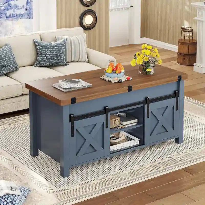 Couchtisch mit Hubplatte, 2 Schiebetüren im Scheunentor-Design und Stauraum, Esstisch
