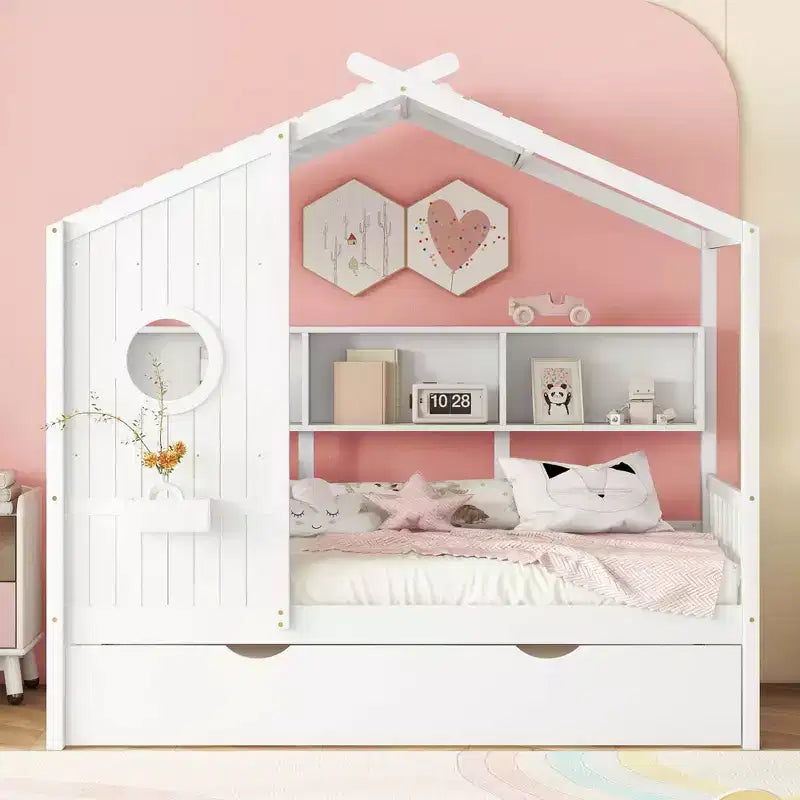 Hausbett für Kinder in Twin-Größe mit Ausziehbett und Ablagefach, Weiß