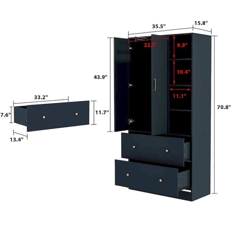 Kleiderschrank mit Spiegel, verstellbarer Kleiderstange und platzsparendem Design