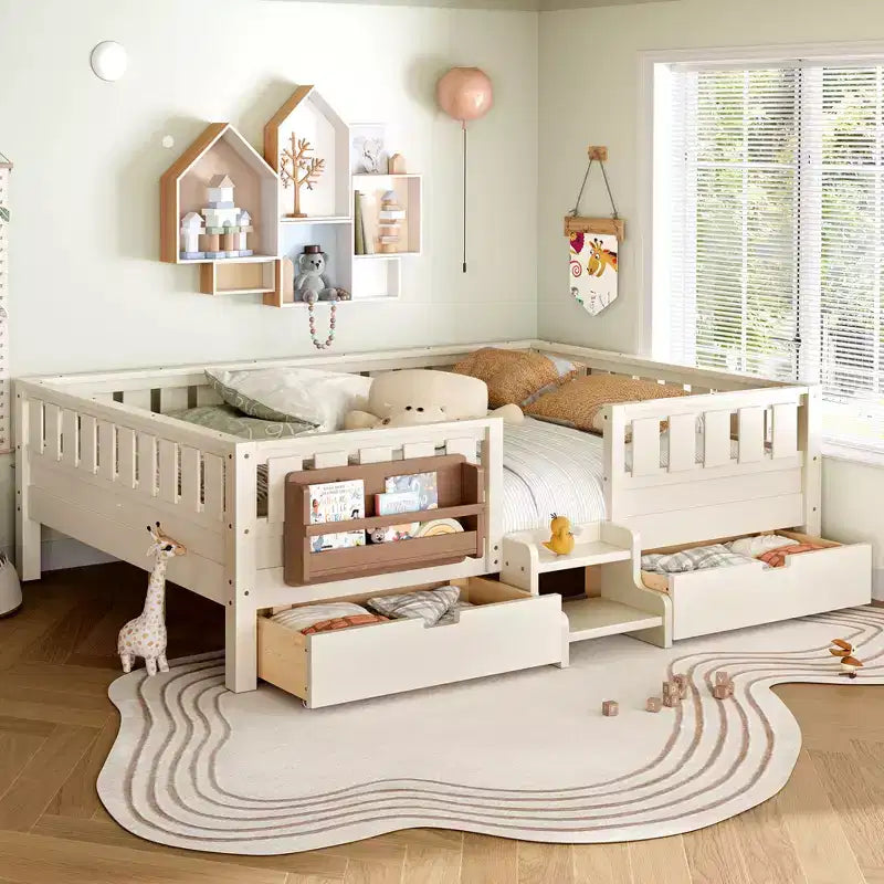 Bellemave Queen-Size-Kleinkindbett mit 14 Sicherheitsgeländern, platzsparender Bettrahmen mit integrierten Bücherregalen & 2 Schubladen unter dem Bett