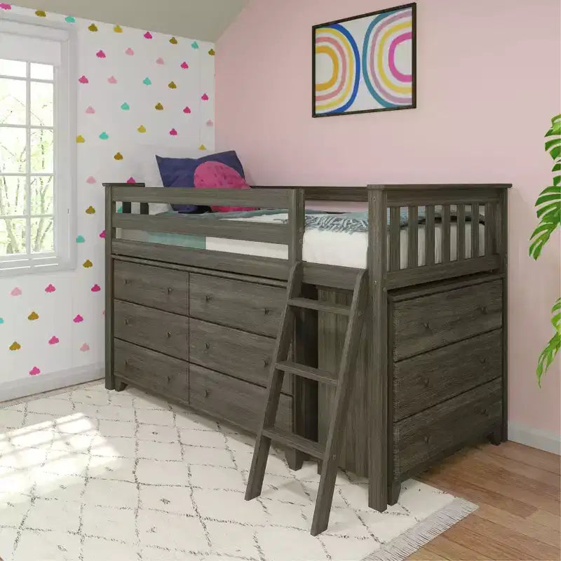 Max & Lily Niedriges Hochbett (Einzelbett) mit ausziehbarem Schreibtisch und 3-Schubladen-Kommoden
