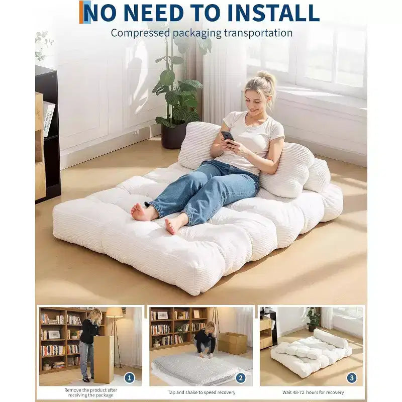 3-in-1-Klappsofa mit Schlaffunktion, umwandelbarer Schlafsessel mit Kissen, tragbarer ausklappbarer Sessel mit Schlaffunktion, bequemes Bodensofa mit Rückenstütze fürs Wohnzimmer, Beige