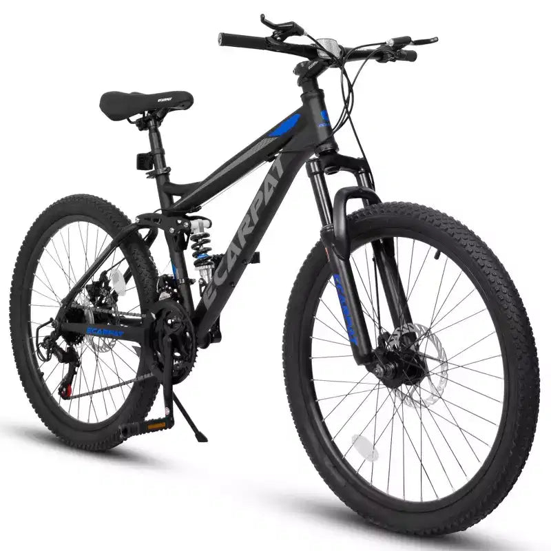 Okak 24 Zoll Mountainbike aus Karbonstahl mit Vollfederung, Herrenfahrrad mit 21-Gang-Schalthebel und Scheibenbremsen, Fahrrad für Kinder & Erwachsene