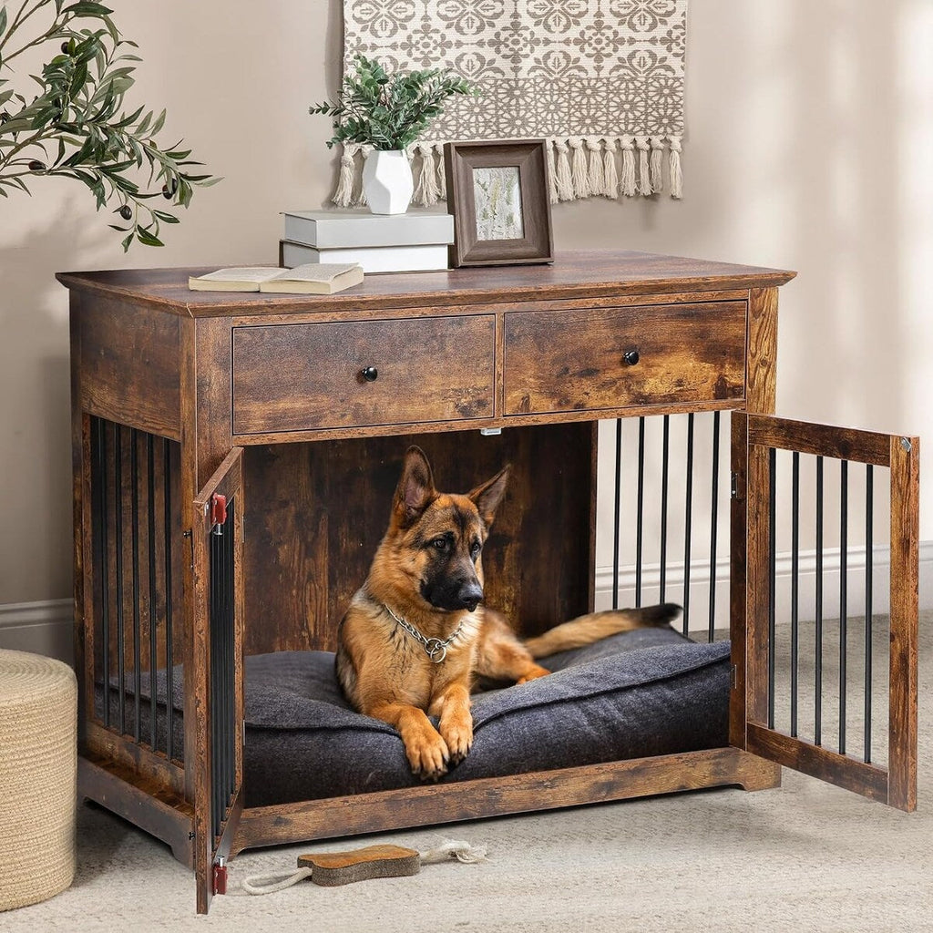 BOSSIN Hundekäfig-Möbel für große Hunde, 112 cm, Hundehütte aus Holz als Beistelltisch mit Schubladen, dekorative Hundeboxen- und Hundehütten-Optik