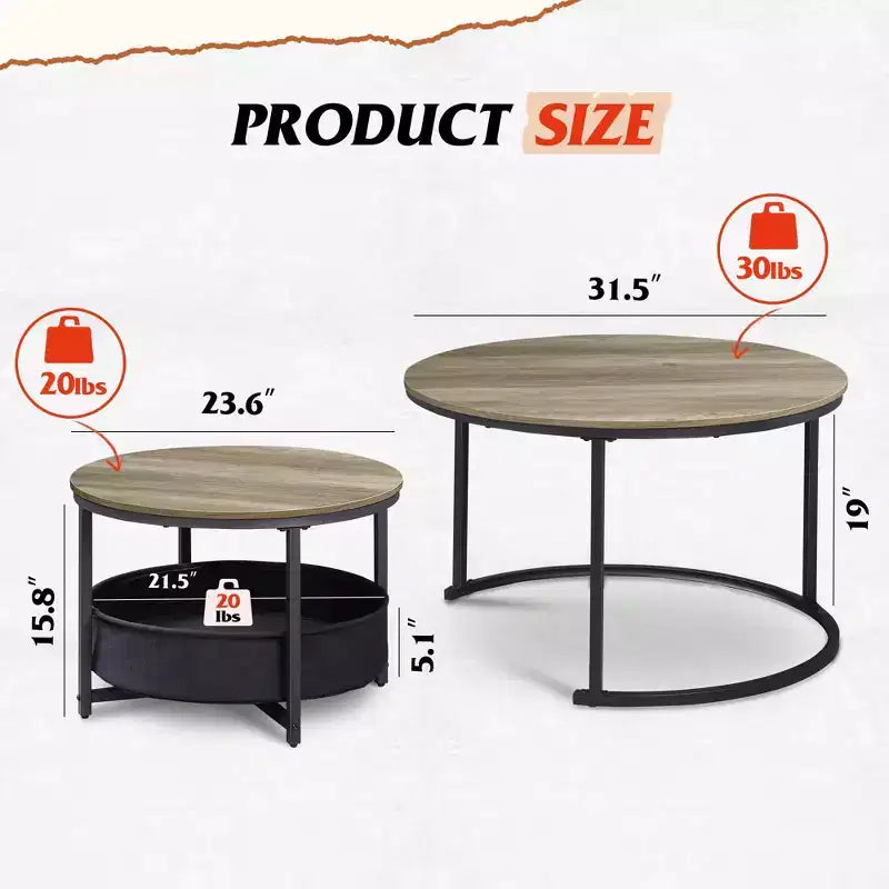 GALAXHERO 2er-Set verschachtelbare runde Couchtische – 31,5-cm-Beistelltische mit Ablagefach und Metallgestell für Wohnzimmer/Wohnung