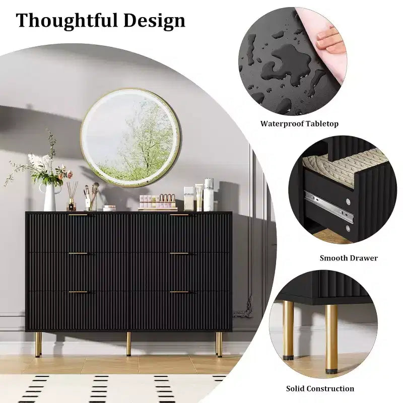 COZONY 6-Schubladen-Kommode mit geriffeltem Design, moderner Holz-Aufbewahrungsschrank, breite Schubladenkommode für Schlafzimmer, Wohnzimmer und Eingangsbereich