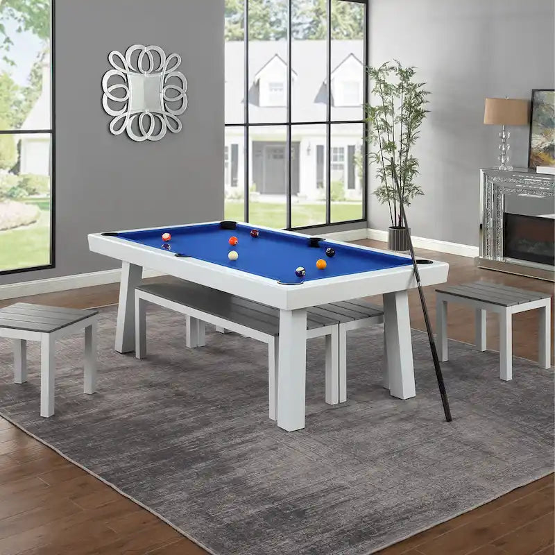 Norwalk Indoor/Outdoor 7-Fuß-Billardtisch in Schieferoptik, Esstischgarnitur für 6 Personen mit 4 Bänken und Zubehör, weißes Finish