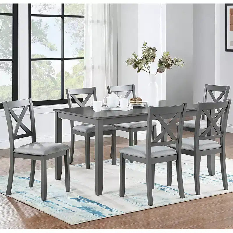 GDFStudio Loren modernes 7-teiliges Esszimmer-Set aus Massivholz mit gepolstertem Tisch und Stühlen