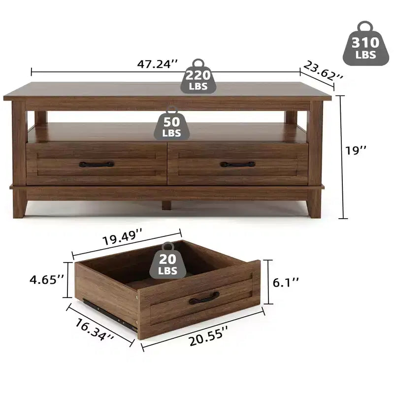Landhausstil-Couchtisch mit Schubladen, 47,2 Zoll Wohnzimmertisch im rustikalen Design, Braun, mit offenem Ablagefach und 6 Stützbeinen