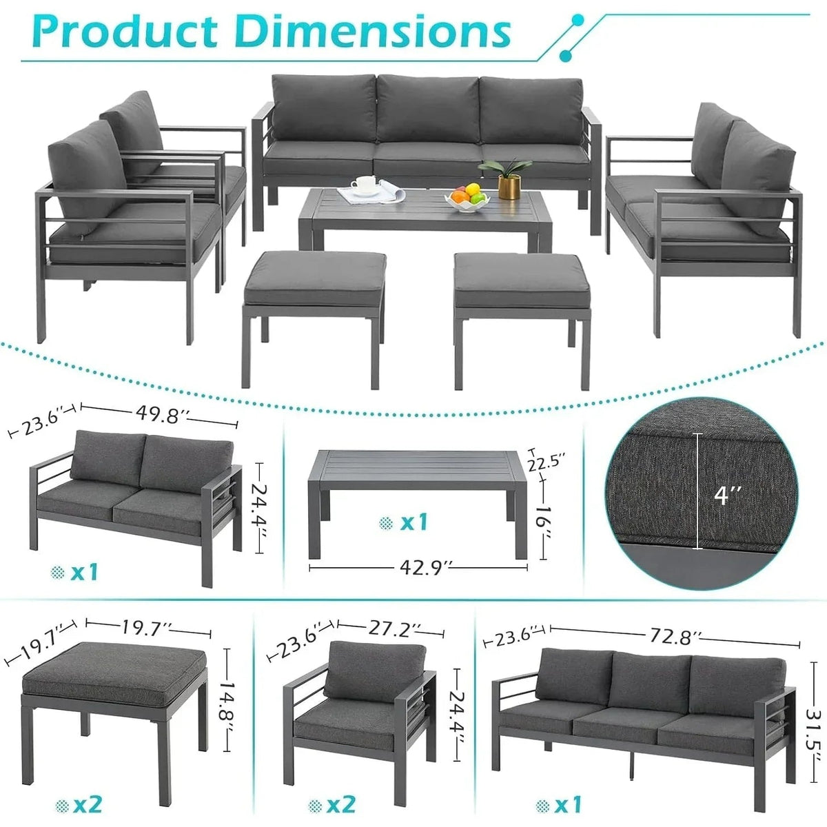 AECOJOY 7-teiliges Aluminium-Terrassenmöbel-Set Outdoor-Gesprächsgarnitur