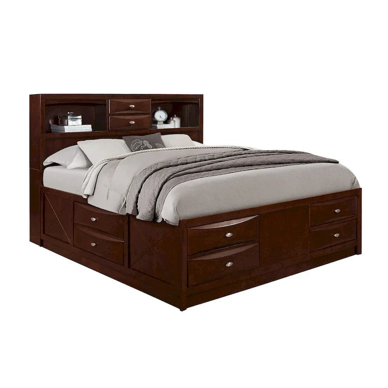 Espressofarbenes Doppelbett aus Massivholz mit acht Schubladen
