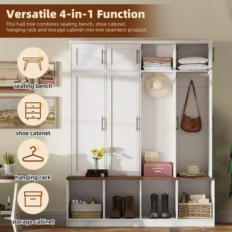GDFStudio Jessica Farmhouse 4-in-1-Garderobe mit versteckten Haken und Sitzbank mit Stauraum