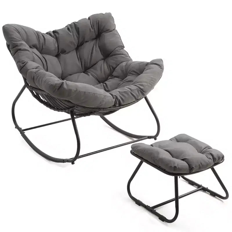 Heynemo Terrassen-Schaukelstuhl mit Hocker, Eiformiger Schaukelstuhl für drinnen und draußen mit Kissen, Überdimensionaler Papasan-Loungesessel aus Metall, Lesesessel