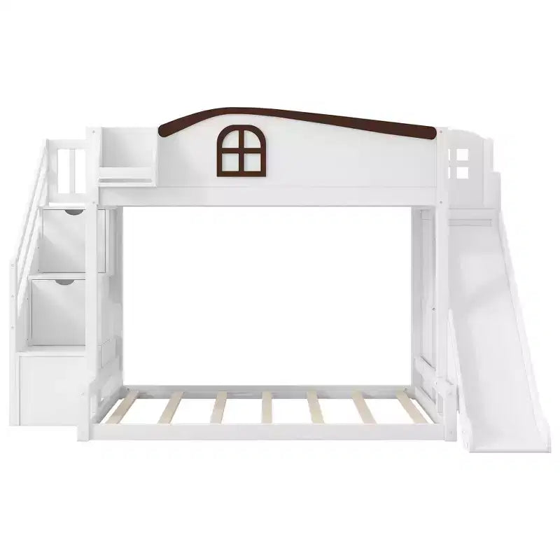 Etagenbett (90x200 cm oben / 140x200 cm unten) mit Rutsche, Regalen, Treppe mit Stauraum und Kleiderschrank für das Kinderzimmer
