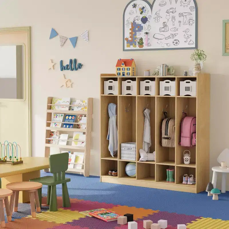 Garderoben-Schrank für den Klassenraum mit 5 Fächern und 10 Ablagefächern, Aufbewahrungs-Organizer mit 10 Haken für Zuhause, Schule, Kindertagesstätte und Kindergarten