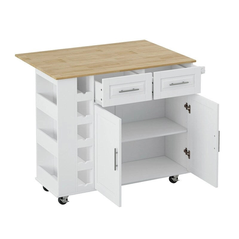 Grondin Multifunktionale Kücheninsel-Servierwagen mit klappbarer Arbeitsplatte aus Massivholz, 2 Türen, 2 Schubladen, Weinregal und Gewürzregal