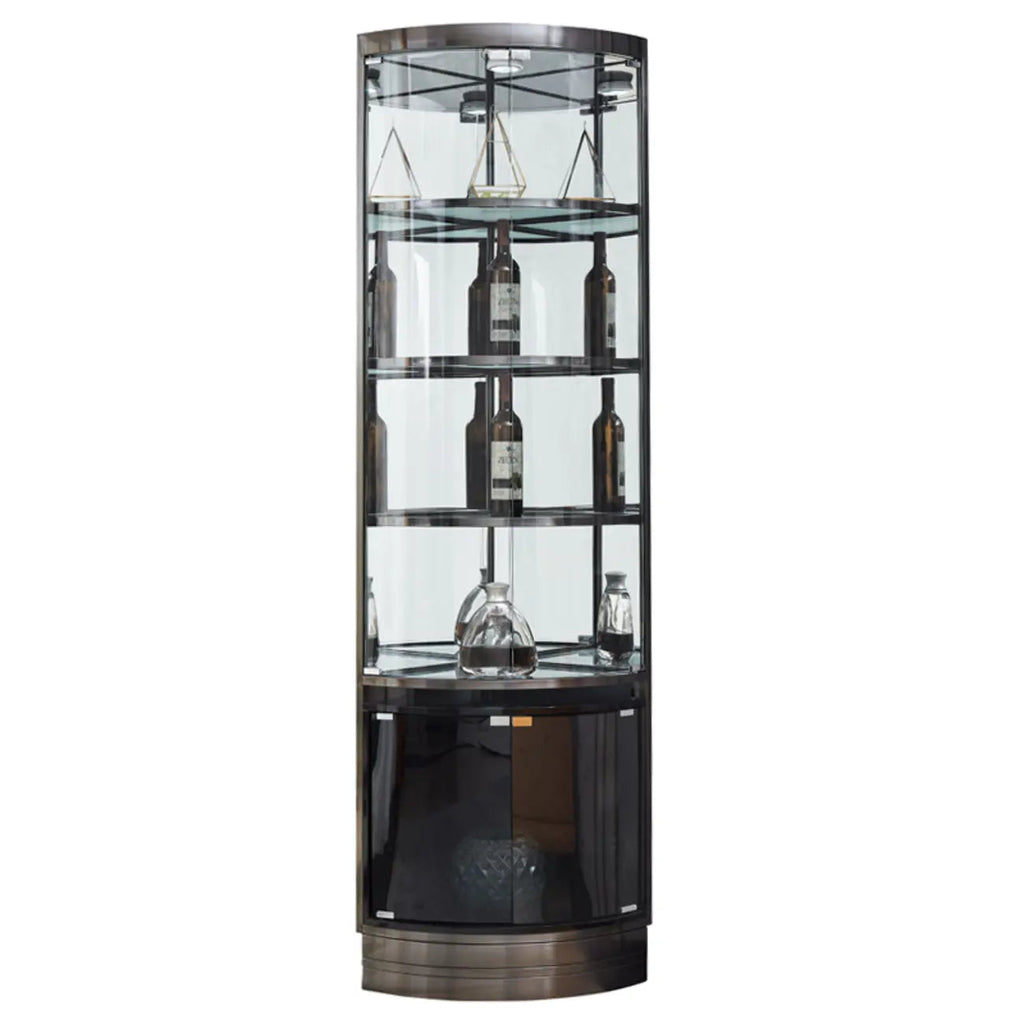 Eck-Weinregal aus Glas und Metall mit mehreren Ablageflächen