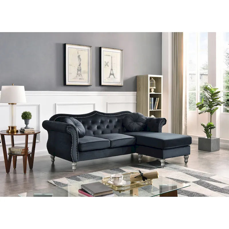 Hollywood-Samtsofa mit beidseitig montierbarer Chaiselongue