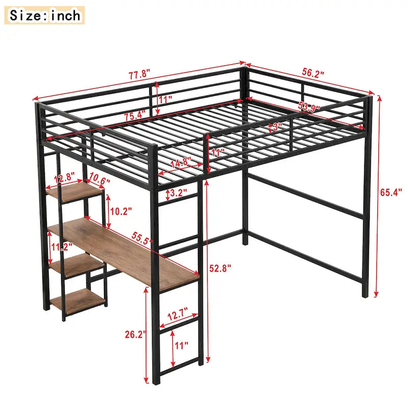 Full-Size-Hochbett aus Metall mit integriertem Schreibtisch und Ablagefächern