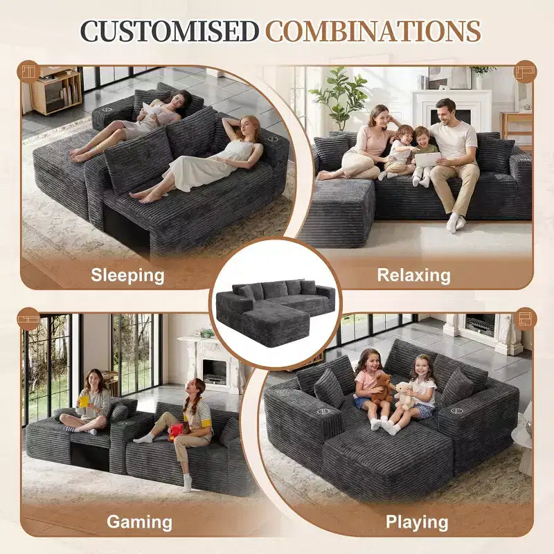 Celebalcony 103 modulares, rahmenloses Ecksofa, L-förmige Récamiere mit 2 Getränkehaltern, weiches Cord-Cloud-Sofa für das Wohnzimmer, keine Montage erforderlich