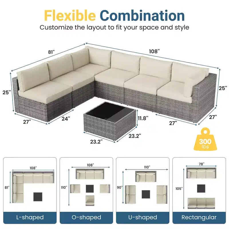 7-teiliges Outdoor-Gartenmöbel-Set, Geflochtene Lounge-Garnituren mit Auflagen und Couchtisch, Modulares Outdoor-Ecksofa