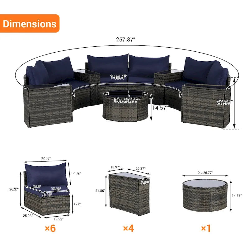 11-teiliges modulares Outdoor-Sofa-Set mit halbrunden Elementen, Couchtisch aus gehärtetem Glas und 4 Beistelltischen