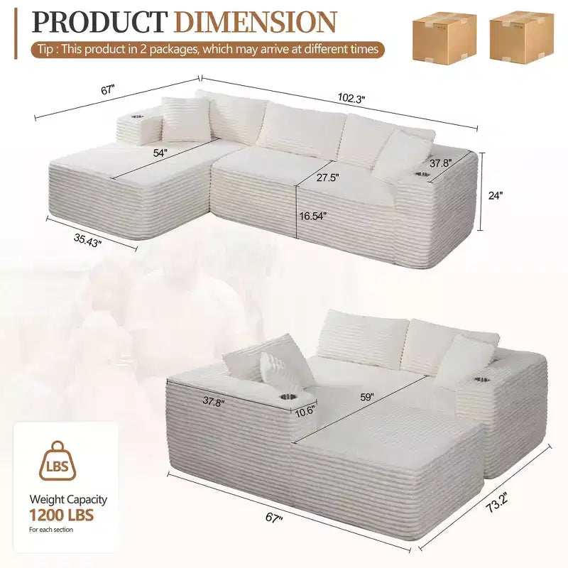 Celebalcony 103 modulares, rahmenloses Ecksofa, L-förmige Récamiere mit 2 Getränkehaltern, weiches Cord-Cloud-Sofa für das Wohnzimmer, keine Montage erforderlich