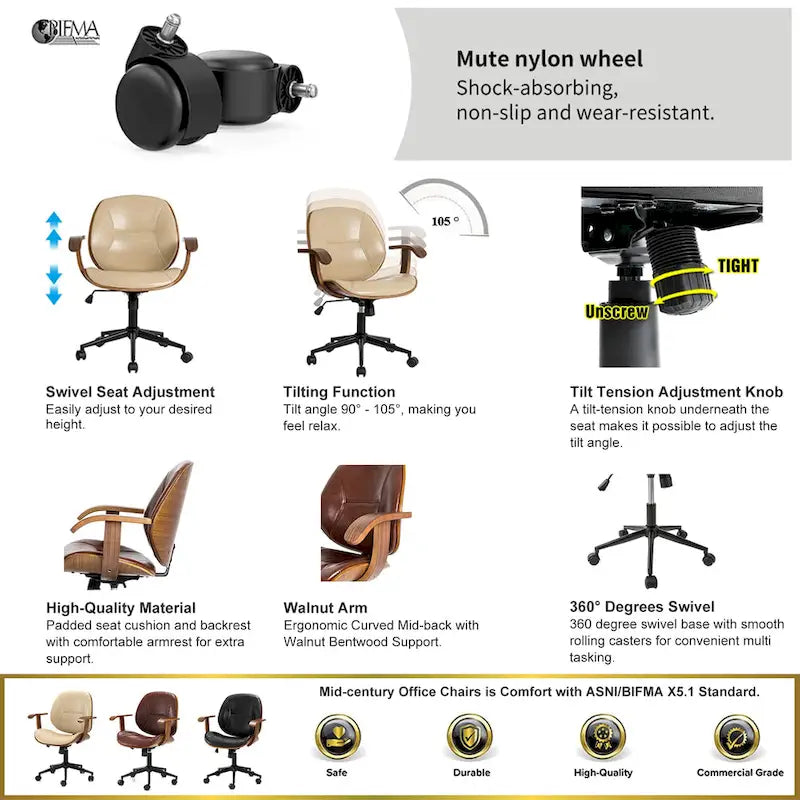Glitzhome höhenverstellbarer, drehbarer Bürostuhl aus Kunstleder mit Armlehnen und ergonomischem Design