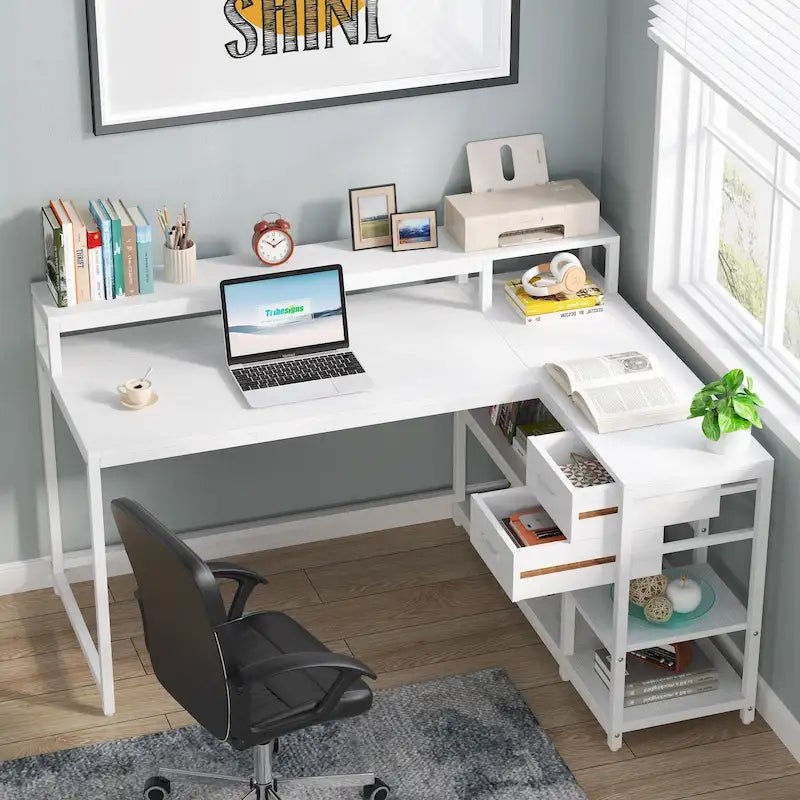 L-förmiger Schreibtisch mit Schublade, Eckschreibtisch für das Home-Office mit Ablagefächern und Monitorständer, rustikaler PC-Tisch für kleine Räume