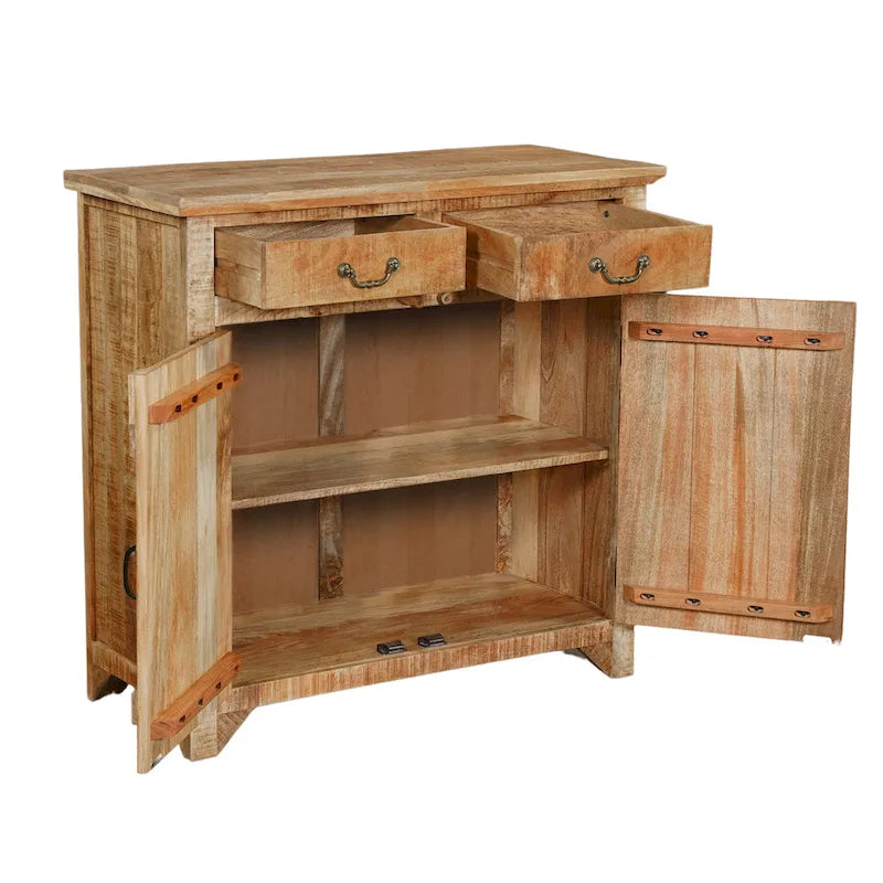 99 cm handgefertigte Farmhouse-Konsole aus Mangoholz, mit 2 Schubladen und 2 Türen, rustikales Braun