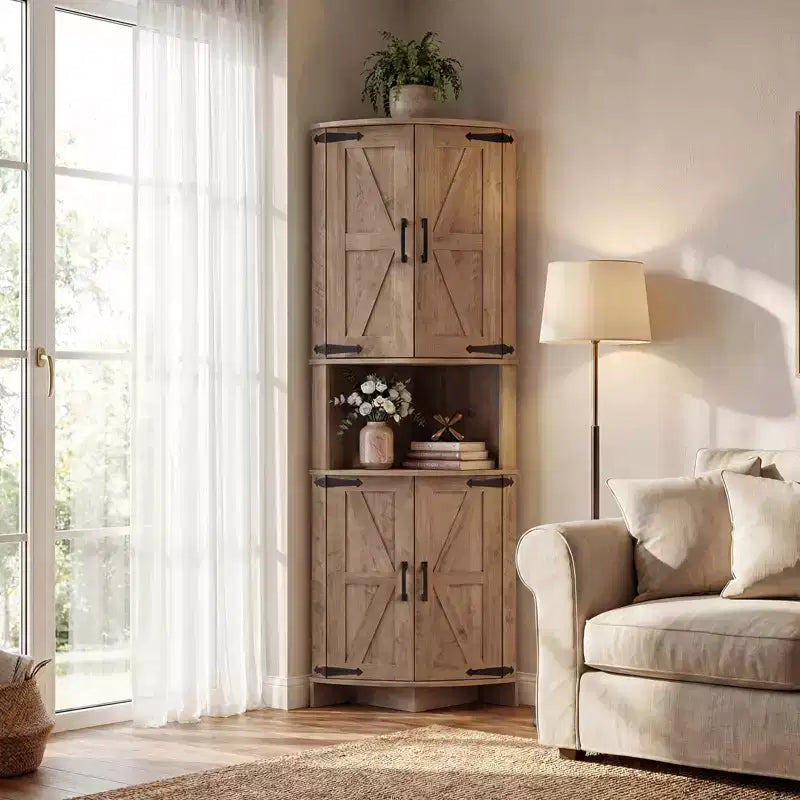 COZONY 65 Eckschrank im Landhausstil mit Türen und verstellbaren Einlegeböden, hoher Eckvorratsschrank für Küche und Wohnzimmer