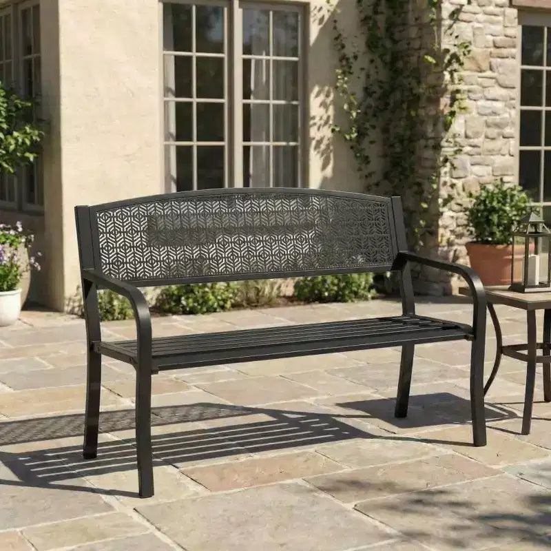 Gartenbank aus Metall für 2 Personen, Stahlbank mit geometrischer Rückenlehne für Terrasse, Garten und Veranda