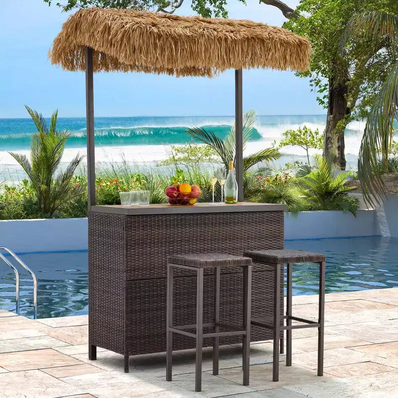 EROMMY Outdoor Tiki-Bar-Set, Rattan-Terrassenbar mit 2 Barhockern, Ablagefach für Hinterhof, Poolbereich und Garten