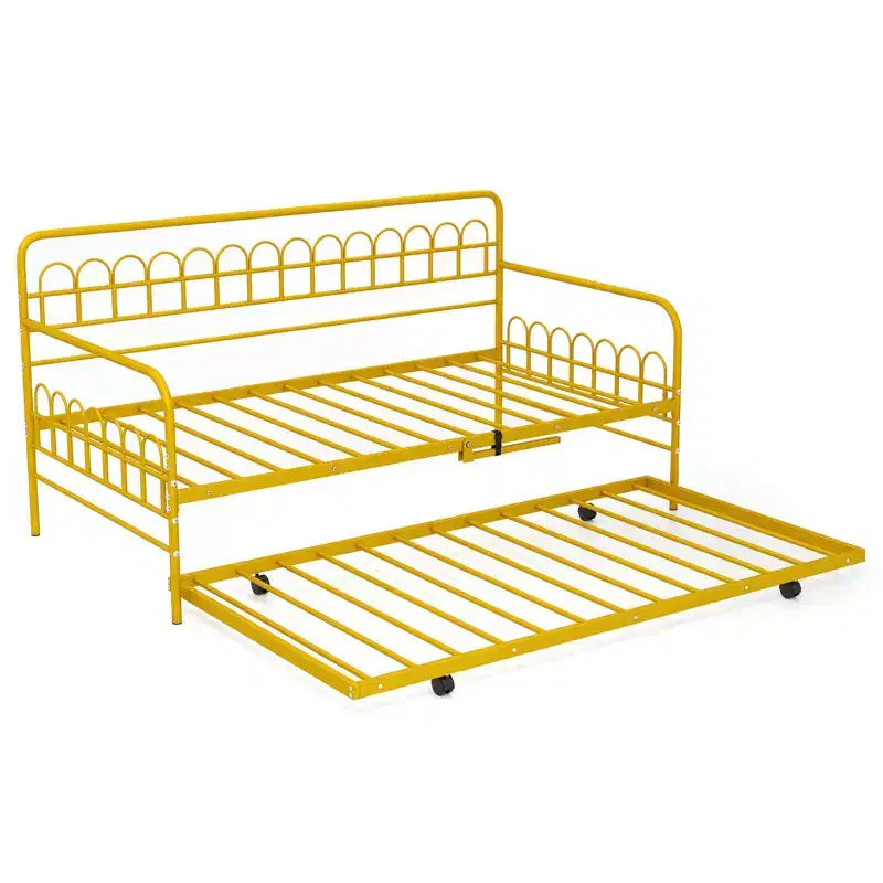 Costway Tagesbett mit Ausziehbett, geschwungener Rückenlehne & Armlehnen, strapazierfähige Metalllatten, Schwarz/Gold