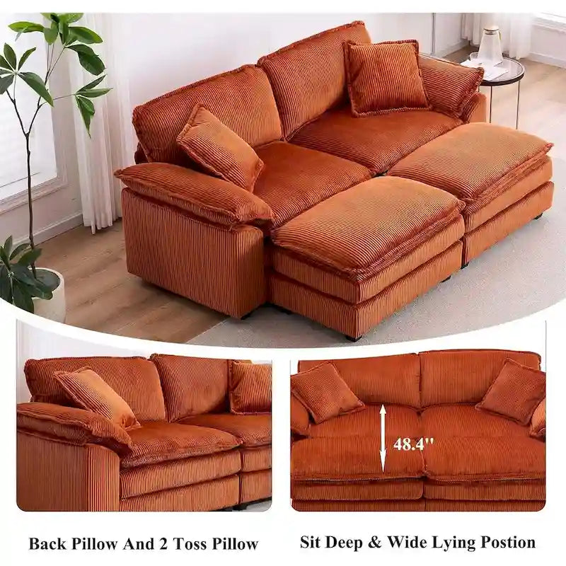 Modernes 2-Sitzer-Sofa aus Cord mit 4 Stützkissen und 2 Hockern