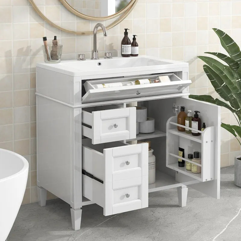 Badezimmerschrank mit integriertem Waschbecken und Kippschublade