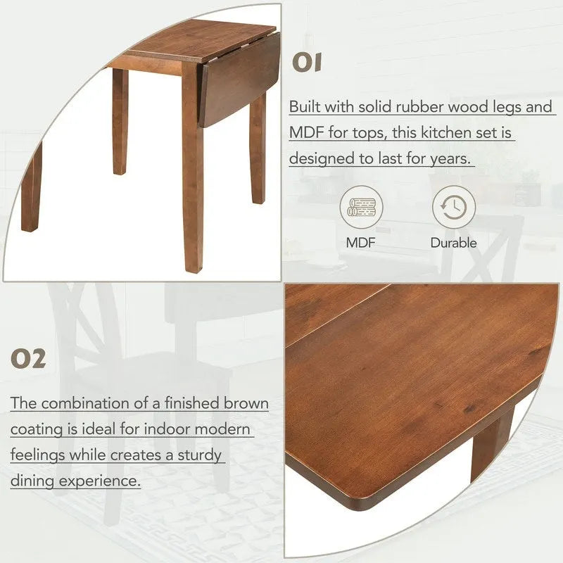 3-teiliges Essgruppe-Set aus Holz mit klappbarem Frühstückstisch und 2 X-Back-Stühlen für kleine Räume