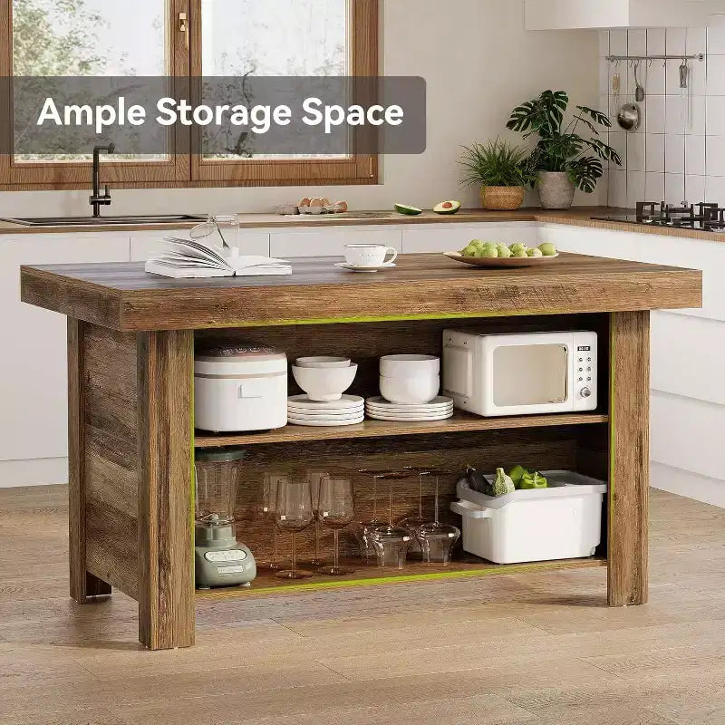 Lantine 55 Zoll Kücheninsel mit Stauraum, 3-stöckiger stationärer Küchentisch aus Holz, moderner Bartisch mit Ablagefach für die Küche, rustikales Braun